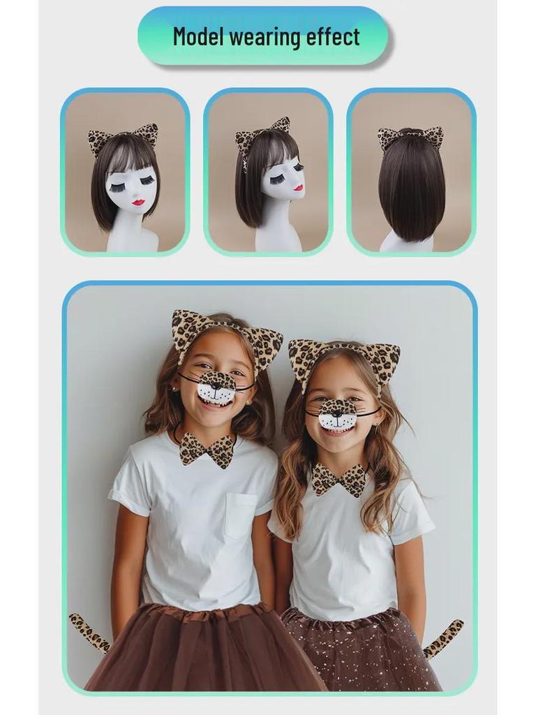 Set Maschera di Halloween per Bambini con Fascia Testa Testa di Leopardo e Orecchie da Gatto con Adesivi per il Viso
