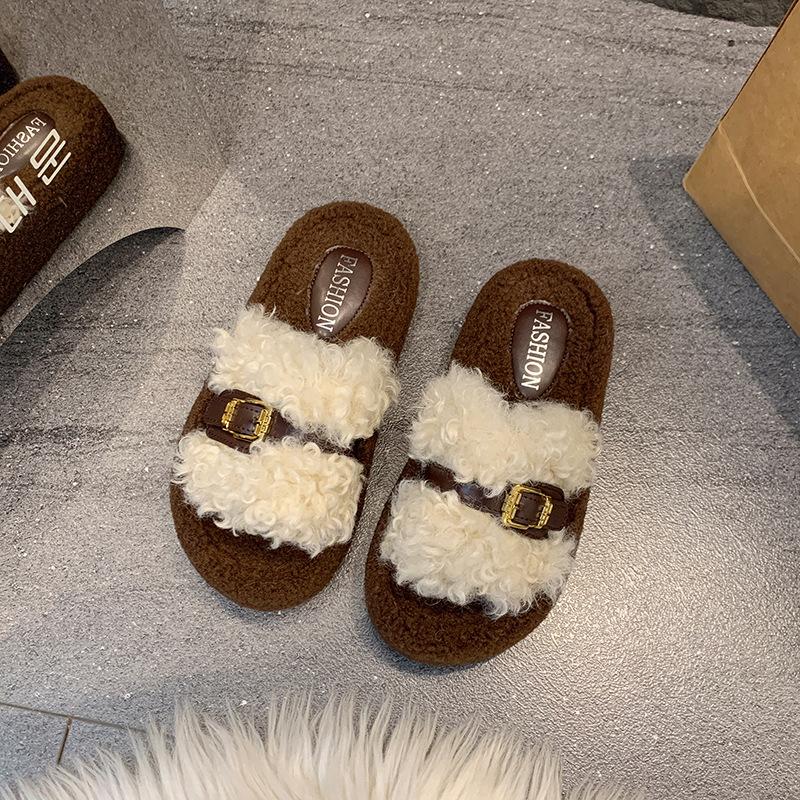 Women's trendy fluffy slippers women's autumn and winter outer wear 2025 new high-end skirt thick-soled lamb plush cotton slippers