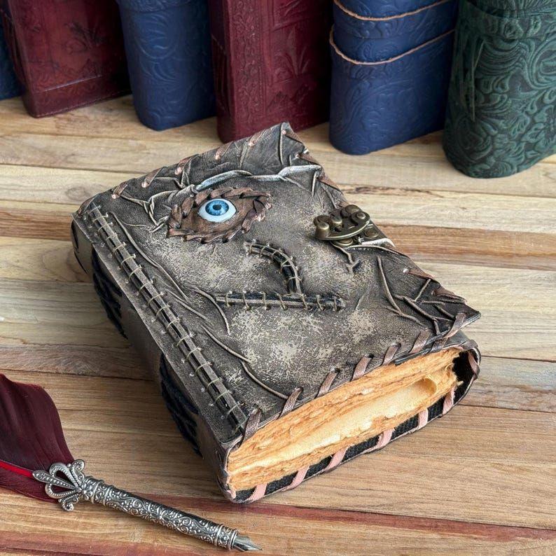 Handmade Leather Spellbook Journal - 7x5 Inch Fantasy Notebook with Eye Design, , Gothic Horror Grimoire, Evil Eye, Halloween