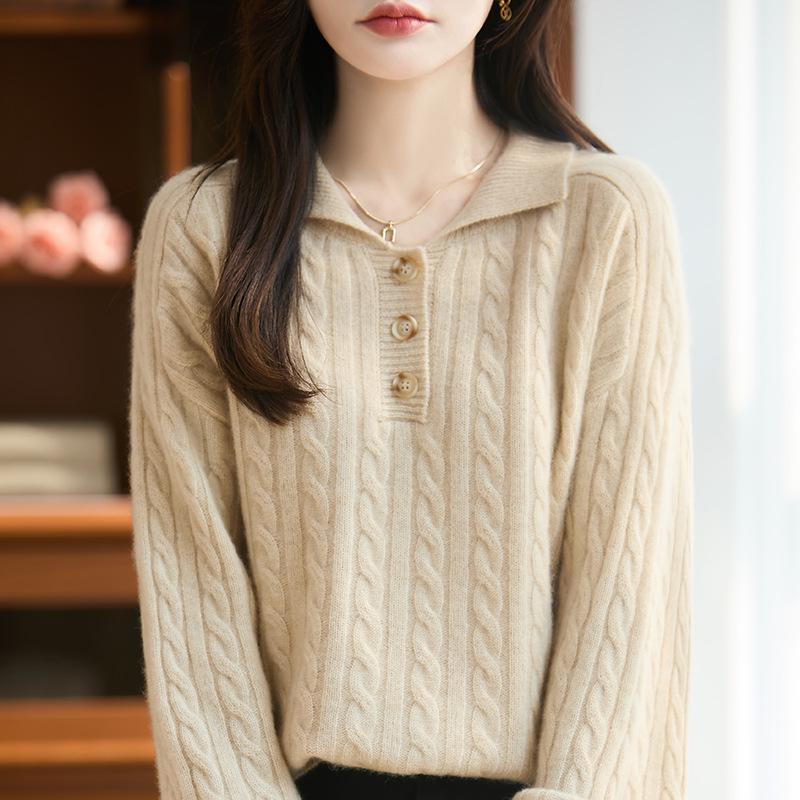 Women's 100% Pure Wool Cable Knit Polo Neck Sweater - Autumn/Winter Casual Loose Fit