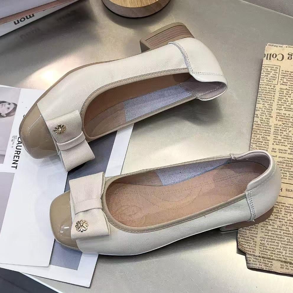 Medium-heeled single shoes women's new leather one-pedal versatile soft-soled shallow-mouth low-heeled single shoes