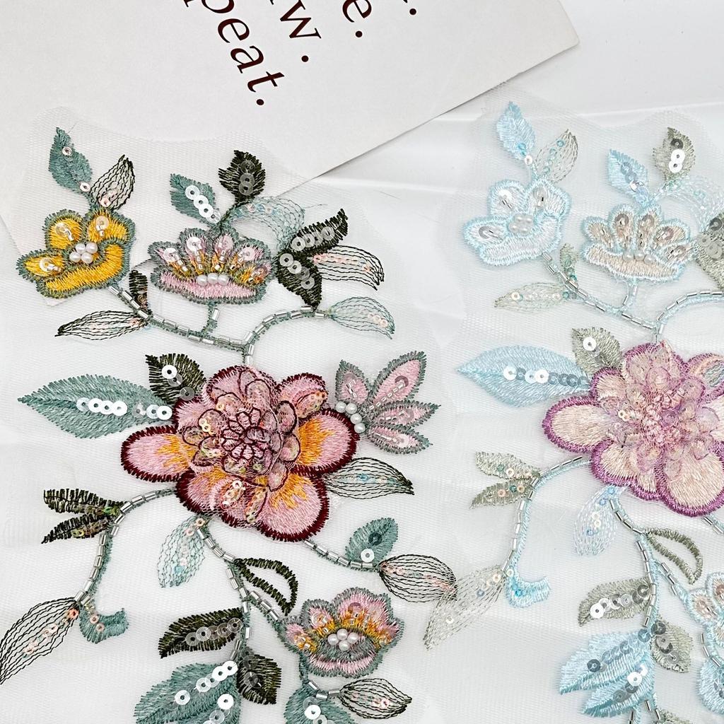 Exquisite Beaded Sequins Flower Embroidery Cloth Sticker Fashionable Three-Dimensional Flower Decoration Accessories Cheongsam Hanfu Lace Decal