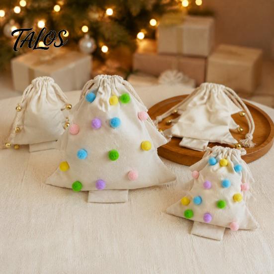 Christmas Tree Pendants Shaped Gift Bag, Reusable Drawstring Treat Goody Bags with Pompoms Decorative Party Favor Bells, Winter Present Wrapping Sack