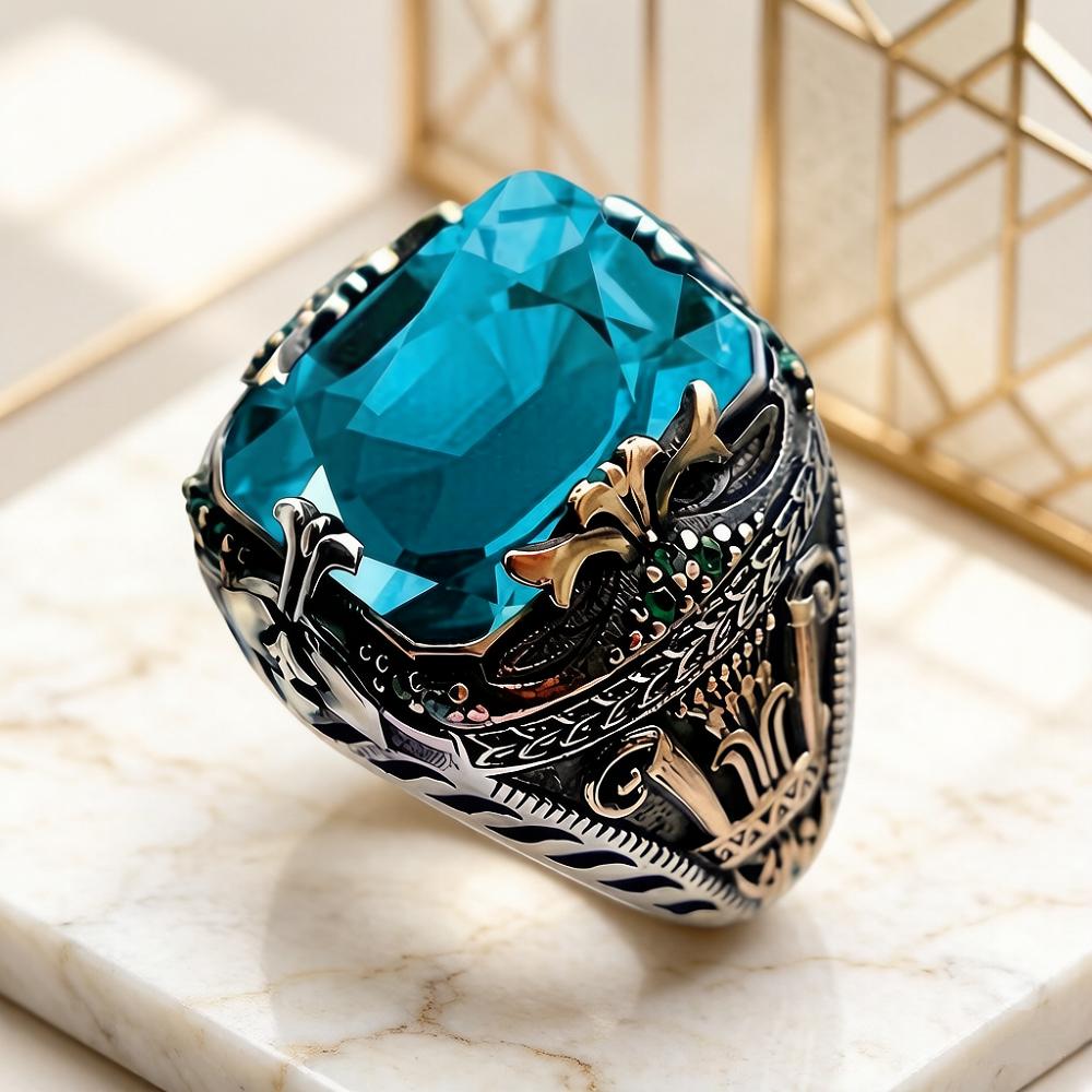 Vintage Men's Ring Stainless Steel Retro Castle Pattern Finger Ring Colorful Artificial Crystal Gemstone Statement Ring for Men