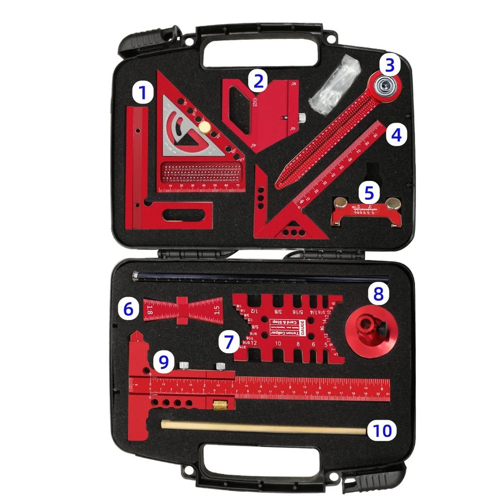 10pcs Woodworking Square Kit with Box, Aluminum Scribeing Ruler,Center Finder,Circular Drawing Compass,Honing Guide,Height Gauge