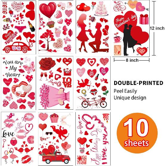 Valentines Day Decor Window clings 10 Sheet for Glass Windows Double-Sided Valentines Day Decorations Heart Window Decal