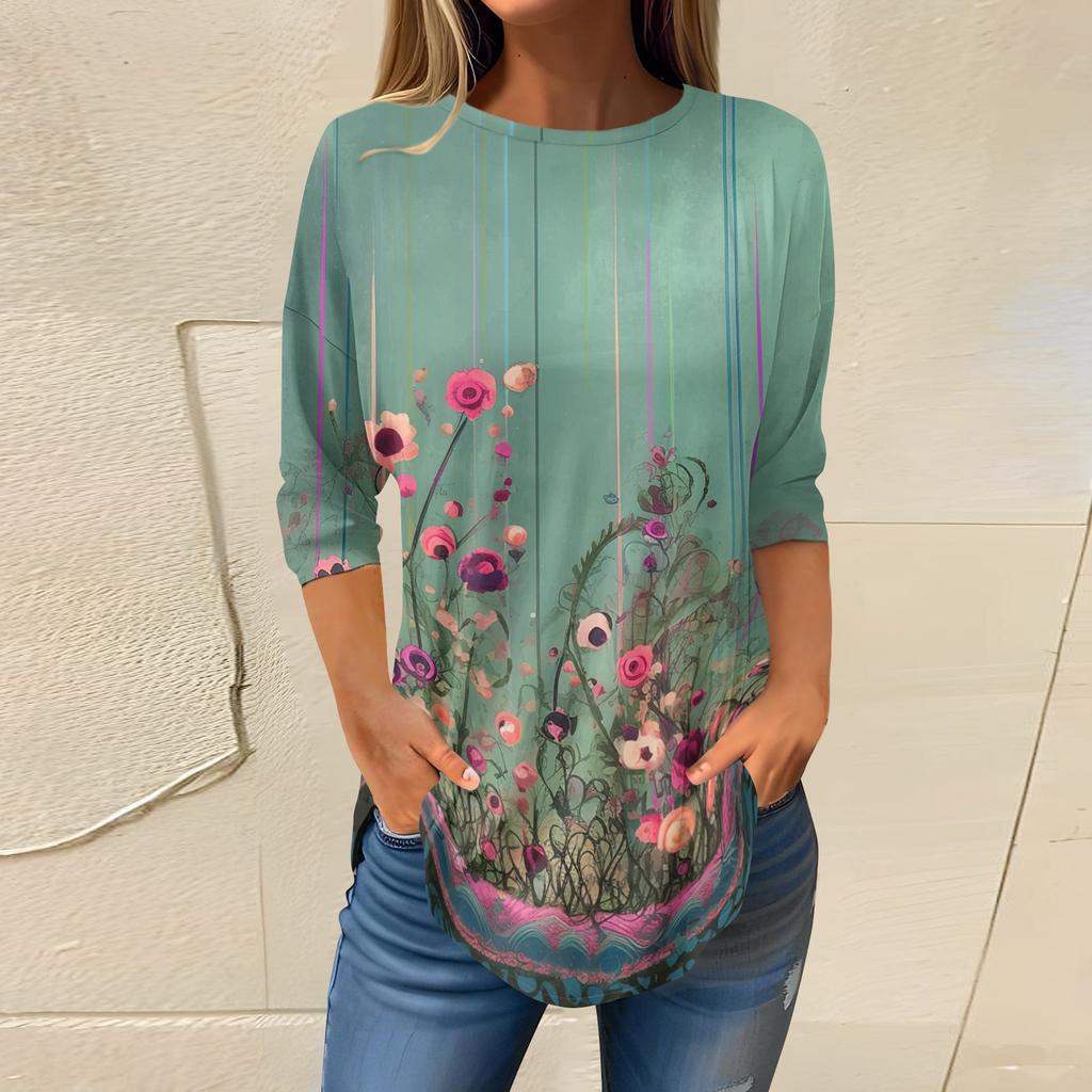 Women's Loose Round Neck Print 3/4 Sleeve T-Shirt Top Pullover