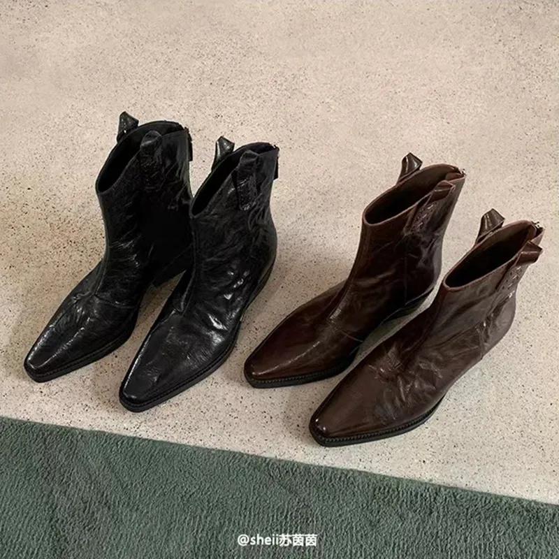 Ankle Boots Women Retro Pointed V Mouth Thick Heel Wrinkled Western Cowboy Boots Platform Shoes Women