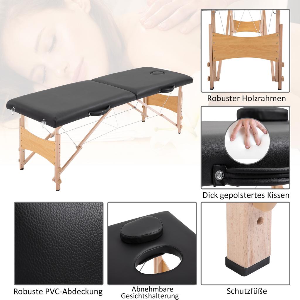 Massage Table 3 Zones Foldable Massage Table with Headrest Armrest Carrying Bag Wooden Legs Height-Adjustable Massage Bed Portable Beauty Table for