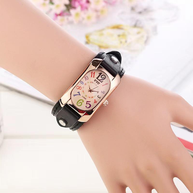 Trendy Men's Leather Belt Watch & Women's Colorful Numbers Quartz Wristwatch