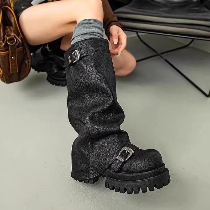 Fashion Platform Chunky Women High Boots Fad Buckle Leather Mid Heels Shoes 2025 Trend Designer Knee High Mortorcycle Winter Botas Mujer