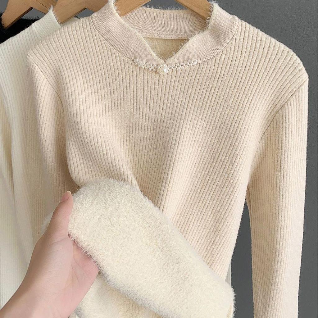Retro Buckle Chinese Style One-piece Velvet Knitted Sweater for Women Half High Collar Thickened Warm Pullover Casual Velvet Sweater Autumn Winter