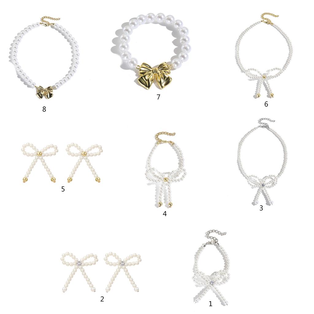 Delicate Bow Bracelet/Earrings/Necklace Imitation Pearls Beaded Accessory Bowknot Pendant Jewelry for Casual Outfits