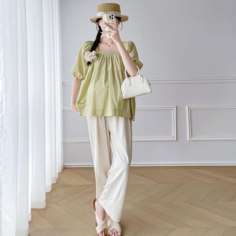 2026 Maternity Summer Off-the-Shoulder Puff Sleeve Top & Casual Straight-Leg Pants Set