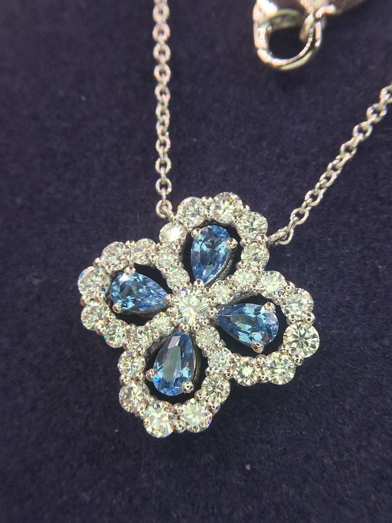 Elegant Harry H Wins Aquamarine Clover Necklace with 5A High Carbon Diamond, 18K Gold-Plated White Gold. White Gold