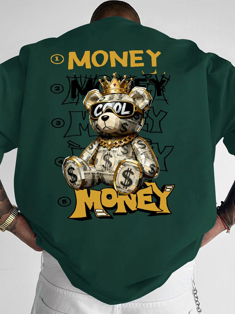 Unisexs Fashion Oversized Tee Dollar Bill Bear Gold Crown Money Graffiti Back Print Polyester Street Walking Sxxl