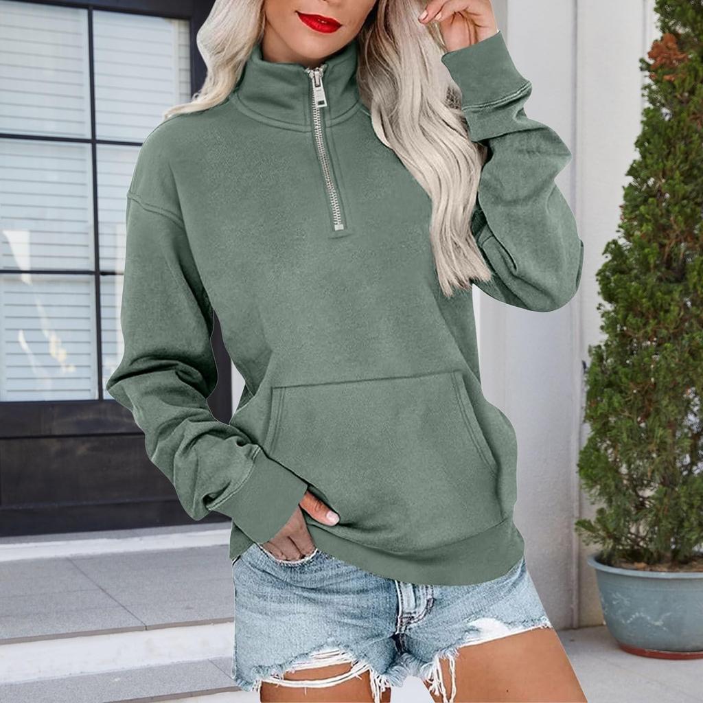 Women's Loose Fit Zip Up Sweatshirt Color Round Neck Long Sleeve Top