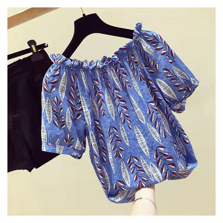 Damen Ein-Schulter Bluse aus floralem Chiffon - Japanische lockere Passform, bauchbedeckendes Kurzarm-Oberteil, neuer Sommerstil.