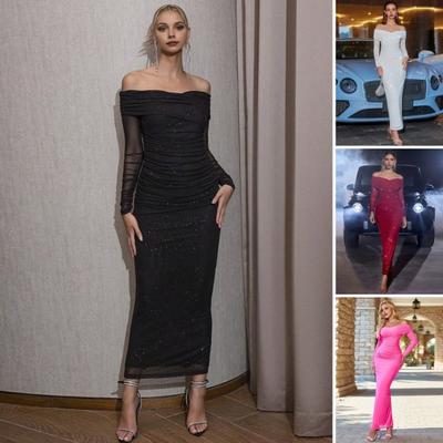 Lady Evening Dress Off Shoulder Long Sleeves Mesh Patchwork Pleated Cross Bandeau Slim Fit Prom Wedding Party Cocktail Maxi Dress