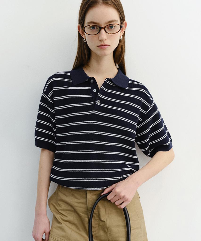 Deonseuteu Unisex Soft Striped Polo Knit_Udsw6B121_Navy