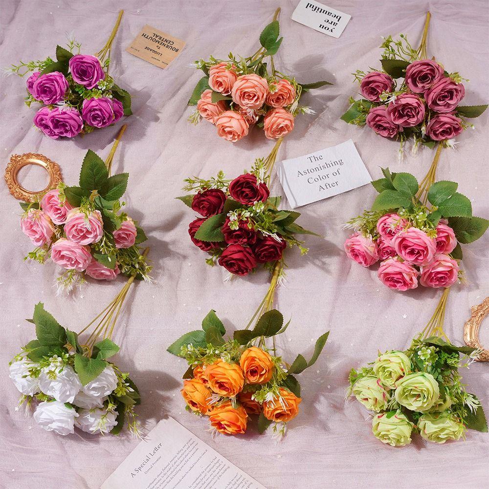 7 Heads Rose Artificial Flowers Multicolor Green Leaves Faux Rose Flower Scene Landscaping Silk Petals Holding Bouquet Flower
