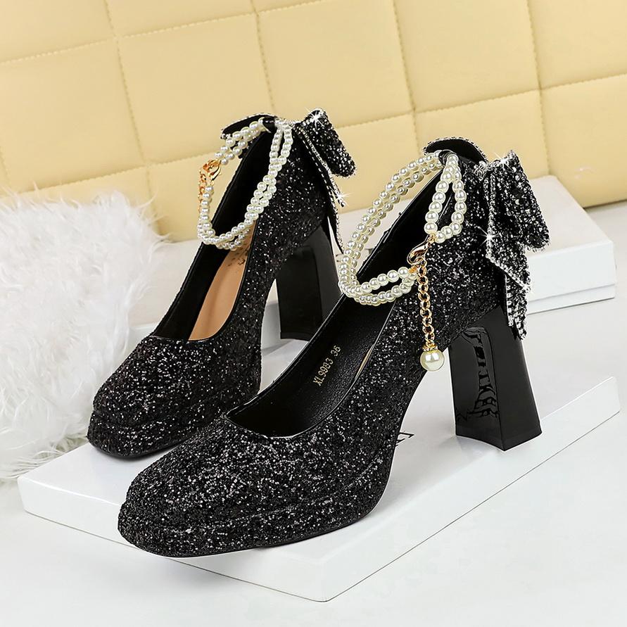 Sweet Pearl Straw High Heels Women's Water Diamond Bow Square Head Waterproof Platform Coarse Straw Shoes