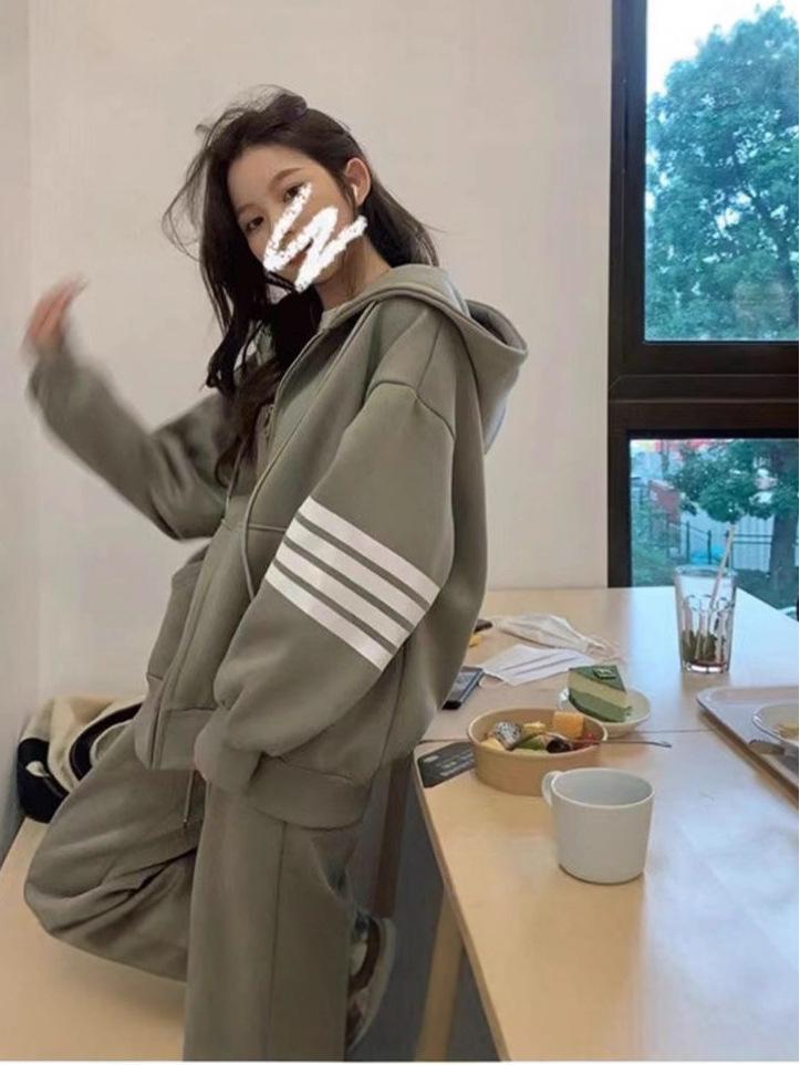 Korean Style Women's Tracksuit Set - Loose Zipper Hoodie Casual Fashion for Autumn/Spring