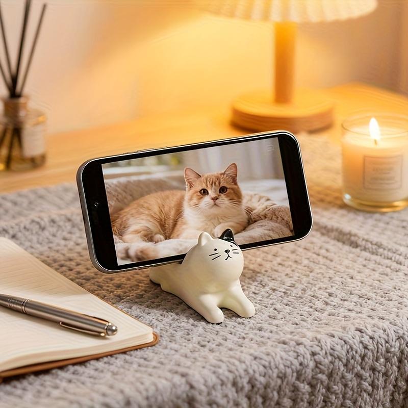 Stretching Cat Figurine, Calico Cat Phone Stand, Desktop Decoration, Creative and Practical for Lazy Binge-Watching