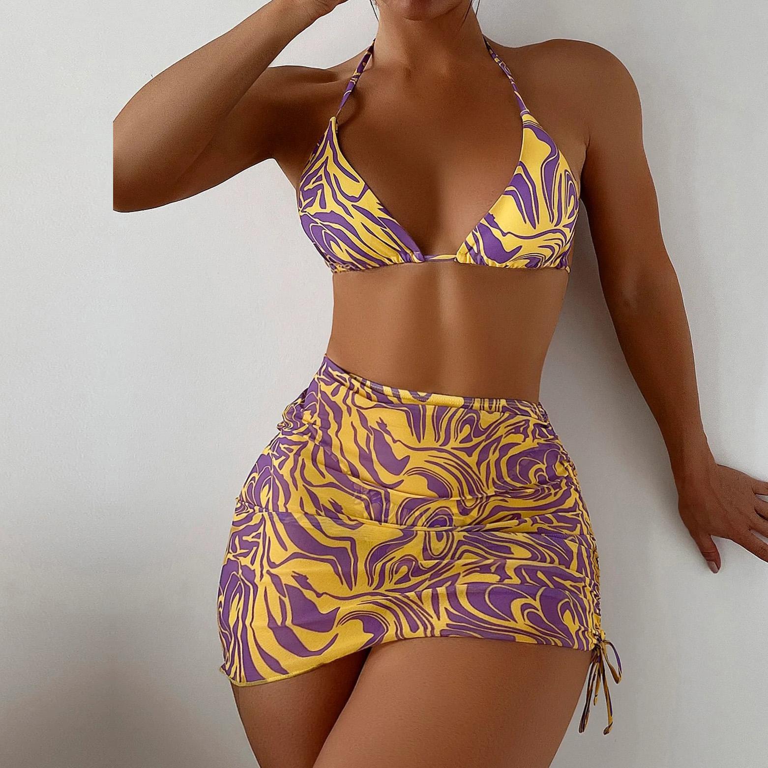 

Купальник женский с разрезом из трех частей, платье в полоску, скорость ветра, сплошной цвет, комплекты бикини с принтом на бретельках S