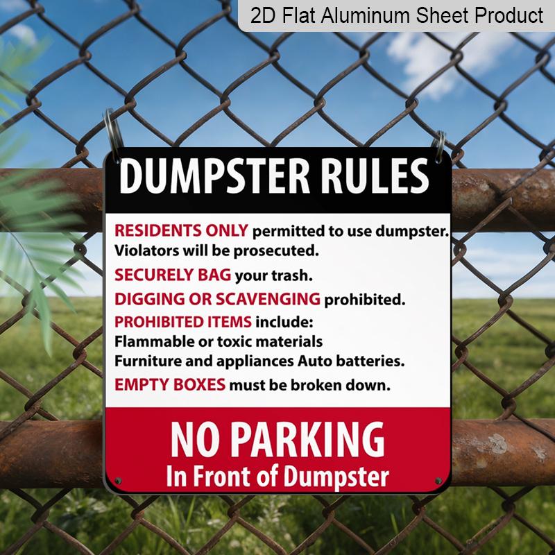 2D Flat 1pc, Funny Dumpster Rules Metal Sign - Aluminum Weatherproof Outdoor/Indoor Waste Bin Regulation Sign with Humorous Warning Messages, Waste 20*20cm