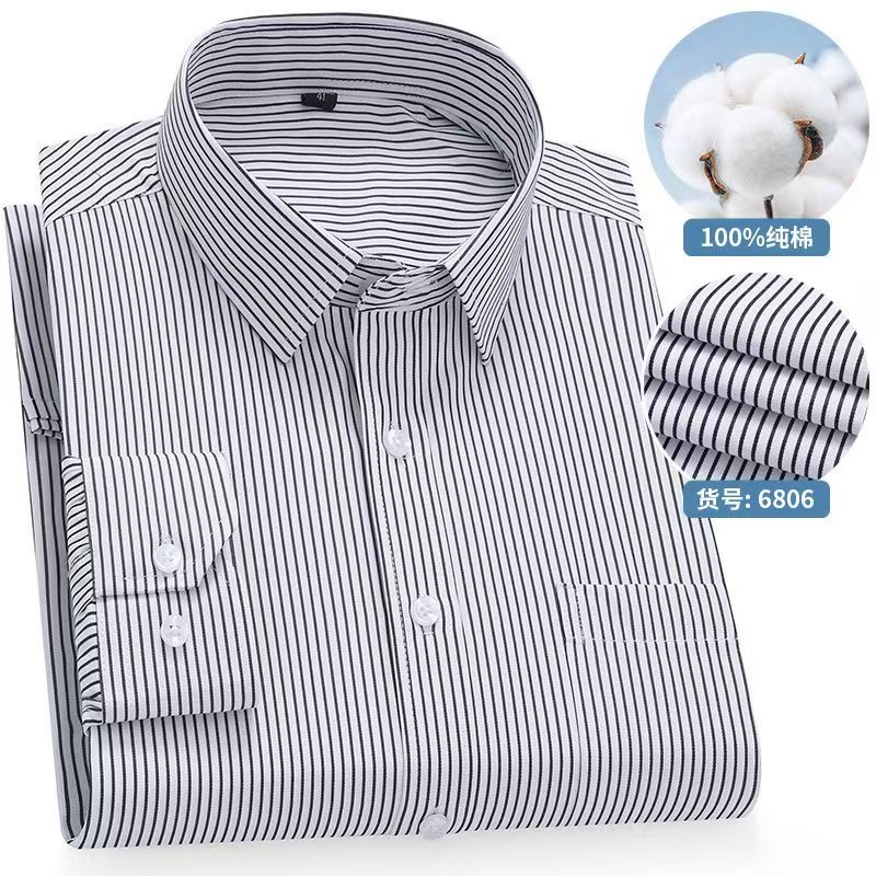 8XL Solid Color Classic Striped Shirts Men Long Sleeve Formal Office Business White Blue 100 Cotton Long Sleeve Shirt for Men