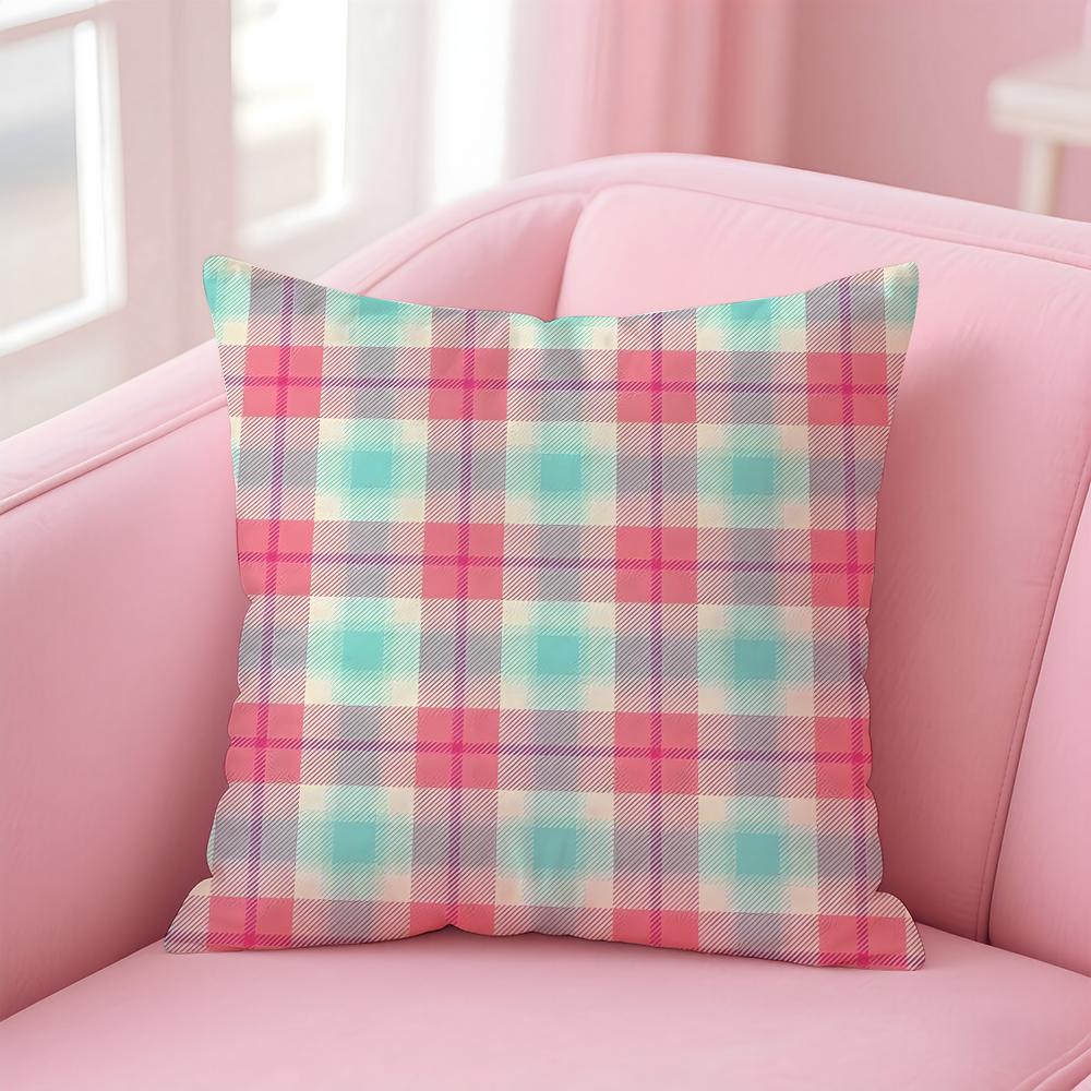Pink and Purple Tartan Design Cushion Cover Pillow Case Ultra Soft Skin Friendly Fabric Cloud Like Comfort Concealed Zipper