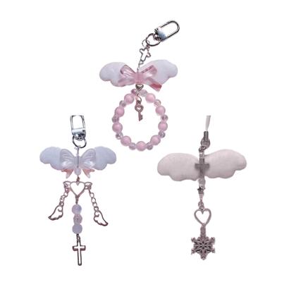 Colorful Beaded Mobile Phone Chain Delicate Angel Wing Bowknot Heart Keychain Phone Charm Acrylic Cellphone Lanyard