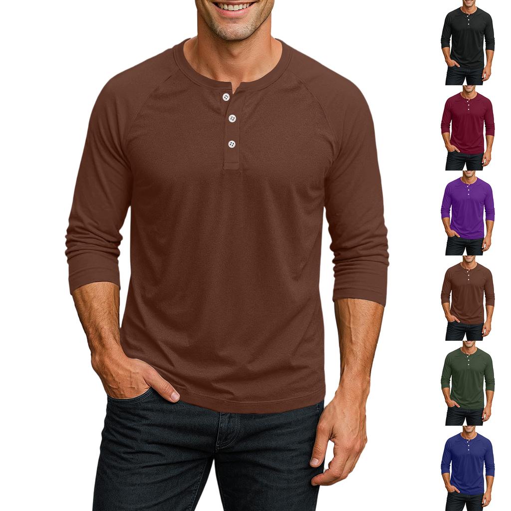 Men's Henley Neck Raglan Sleeve Three Quarter Length Shirt Button Placket Casual Lightweight Soft Fabric Top