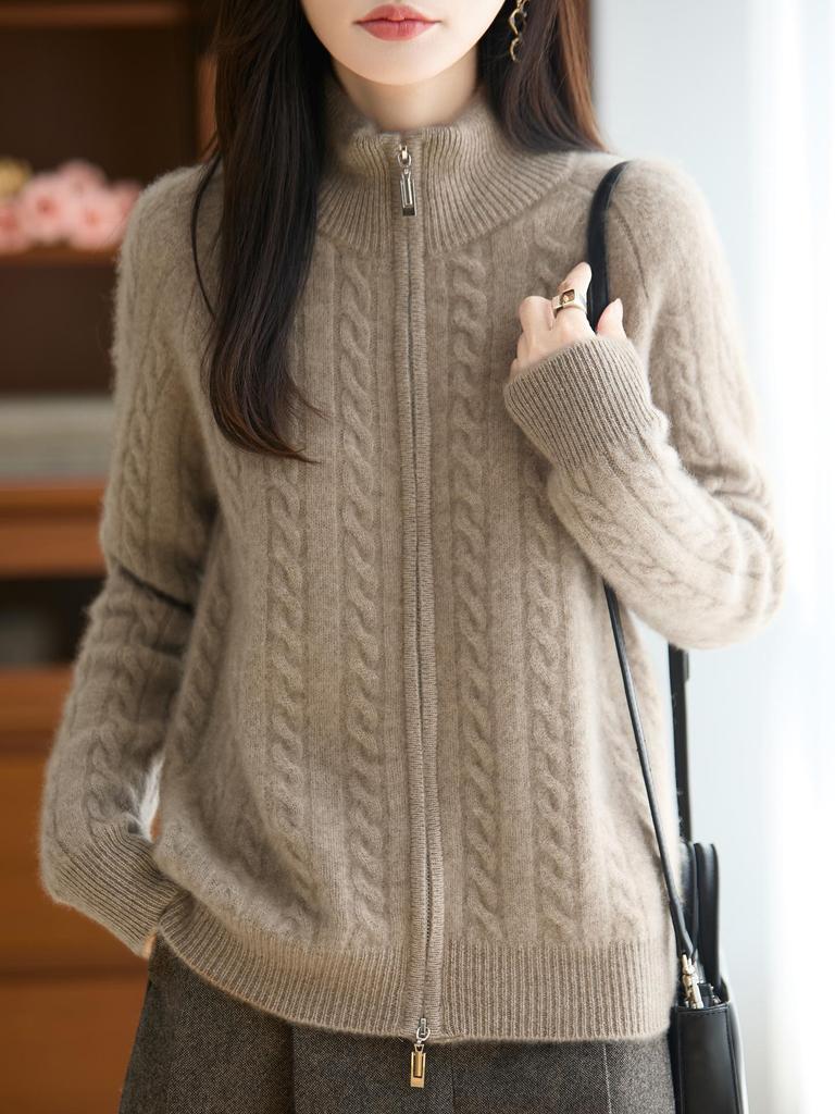 Niche Design Double Zipper Wool Cable Knit Cardigan - Vintage Style, Thick & Cozy for Fall/Winter