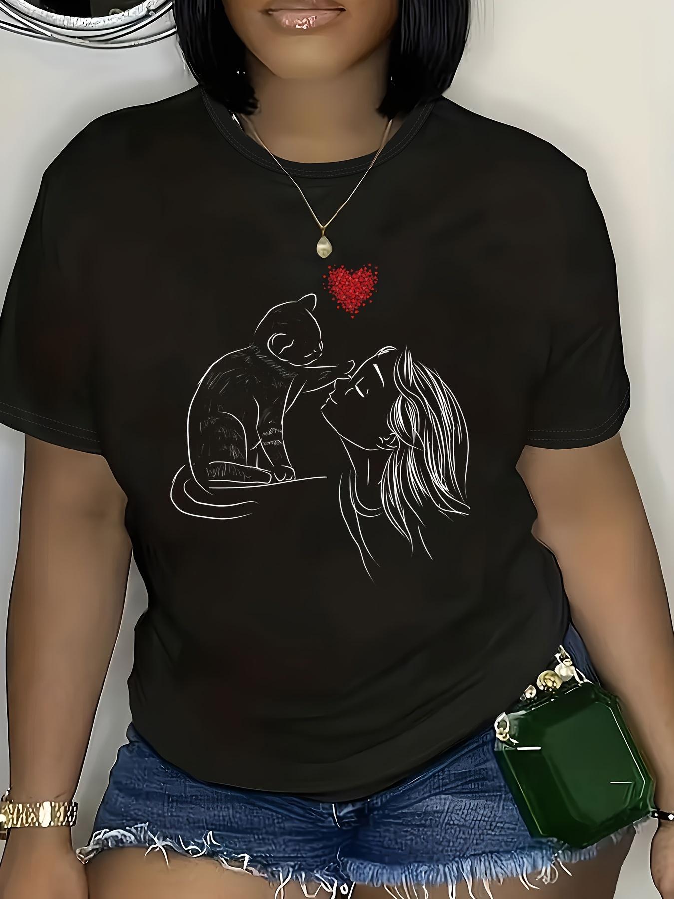 Plus Size Cat & Woman Print T-Shirt, Casual Short Sleeve Top For Spring & Summer, Women s Plus Size Clothing S разноцветный