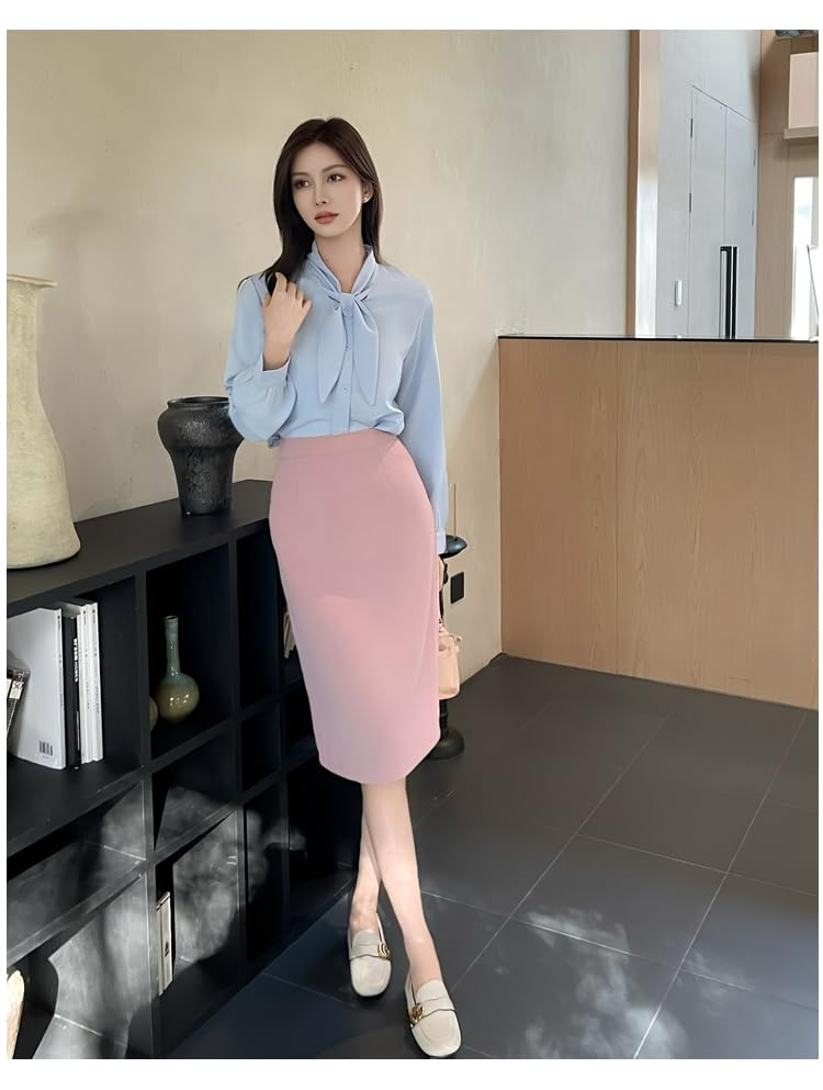 Bow Tie Long Office [JINJUDUO] Women's Blouse, Sleeve, Ribbon, Gathered, Satin, Figure-Flattering, Slimming, Cute, Stylish, Casual, OL, Commuting,