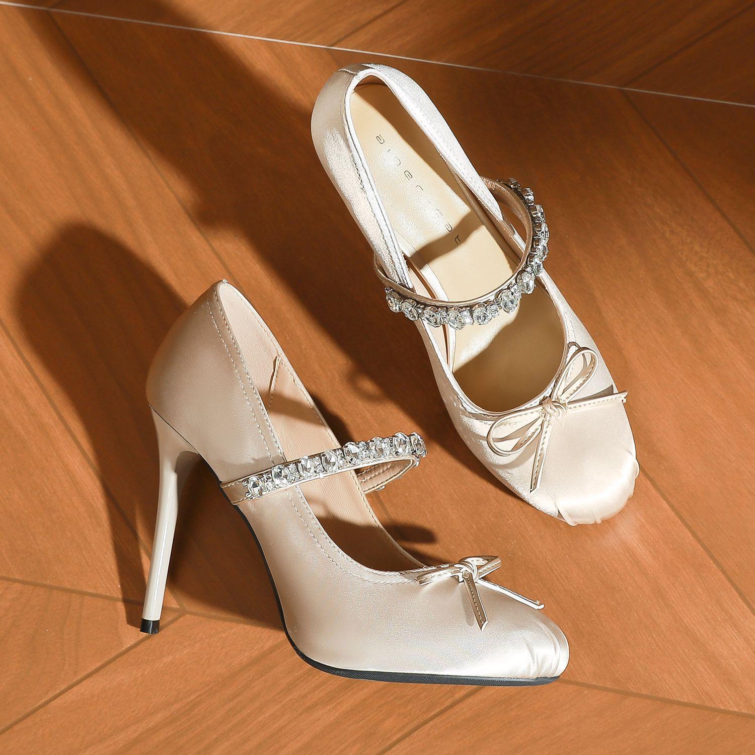 

15002 [sheepskin] high heels women s thin heels 2025 new rhinestone word with Mary Jane waterproof table single shoes 39