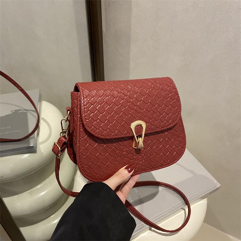 Foreign Style Woven Pattern Women's Bag 2025 Spring Simple Small Square Bag Fashionable Solid Color Retro Lock Single Shoulder Messenger Bag