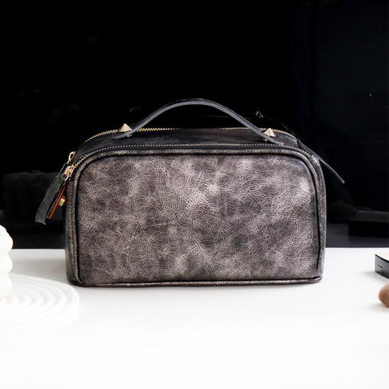 Faux Leather Travel Makeup Bag for Women Large Capacity Cosmetic Organizer Vintage Waterproof Toiletry Pouch with Handle