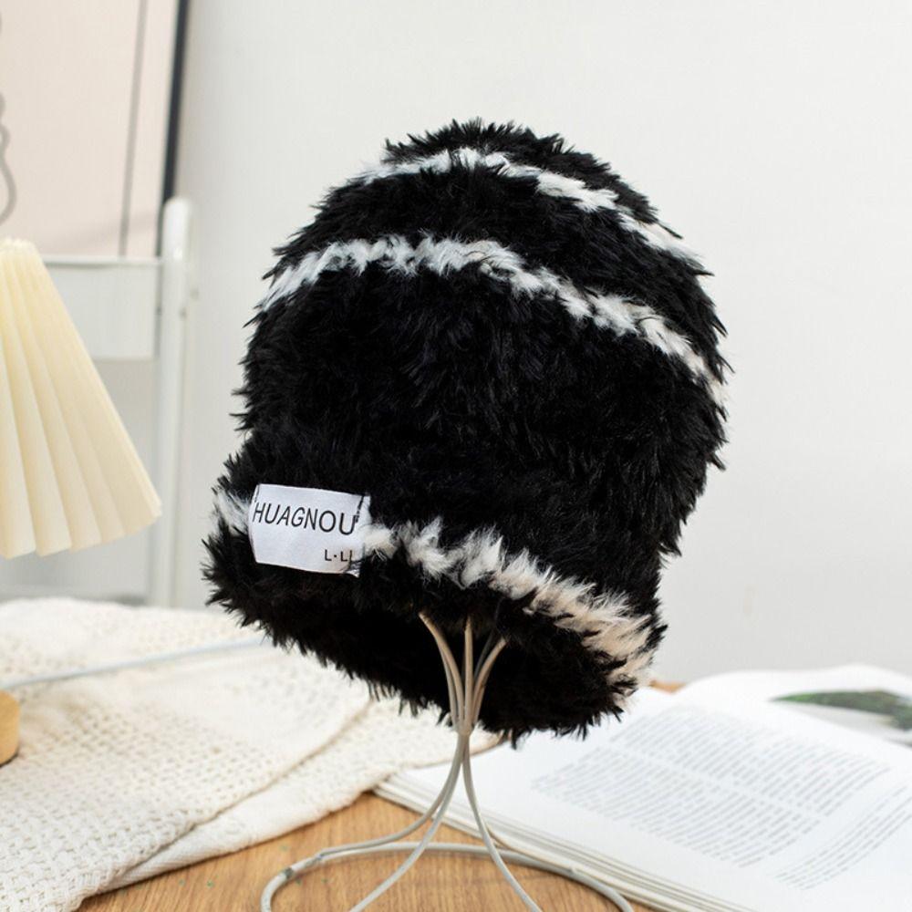 Warm Plush Pullover Hat Plush Winter Cap Fashion Stripe Hat  Safety Helmet