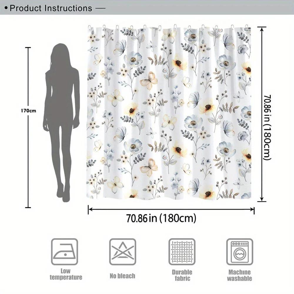 Soft Pastel Floral Shower Curtain - Light Blue, Pale Yellow & Beige Botanical Design, 12 Hooks, Vintage Whimsical Bathroom Decor