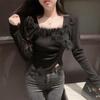 Chic French Autumn Winter Slim Fit Furry Square Neck Top for Women