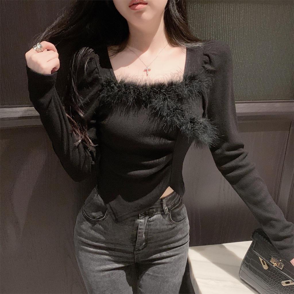 Chic French Autumn Winter Slim Fit Furry Square Neck Top for Women