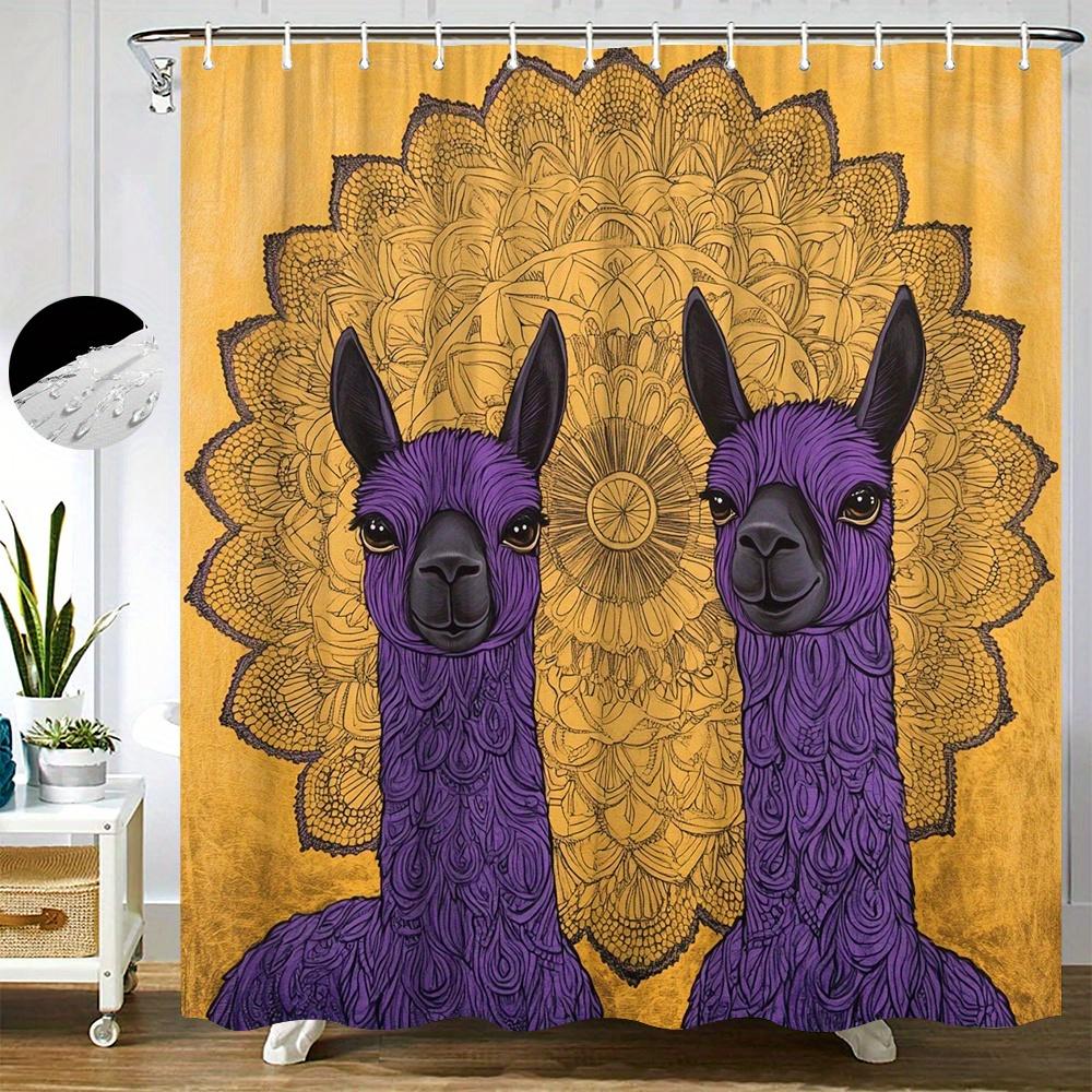 

1Pc Whimsical Alpacas With Mandala Shower Curtain - Anthropomorphic Purple Fur Patterns On Golden, 70X70 Inches, 12 Hooks, Artis W60H190(CM)-1 Pcs