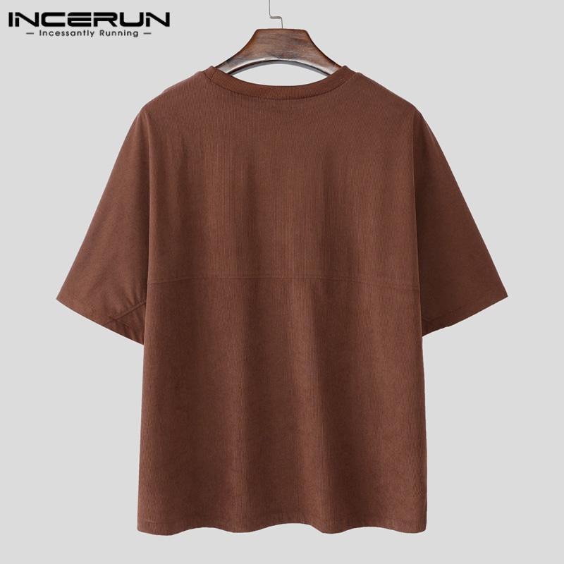 INCERUN Men Short Sleeve Hollow Patchwork Zip-up Casual Loose T-shirts