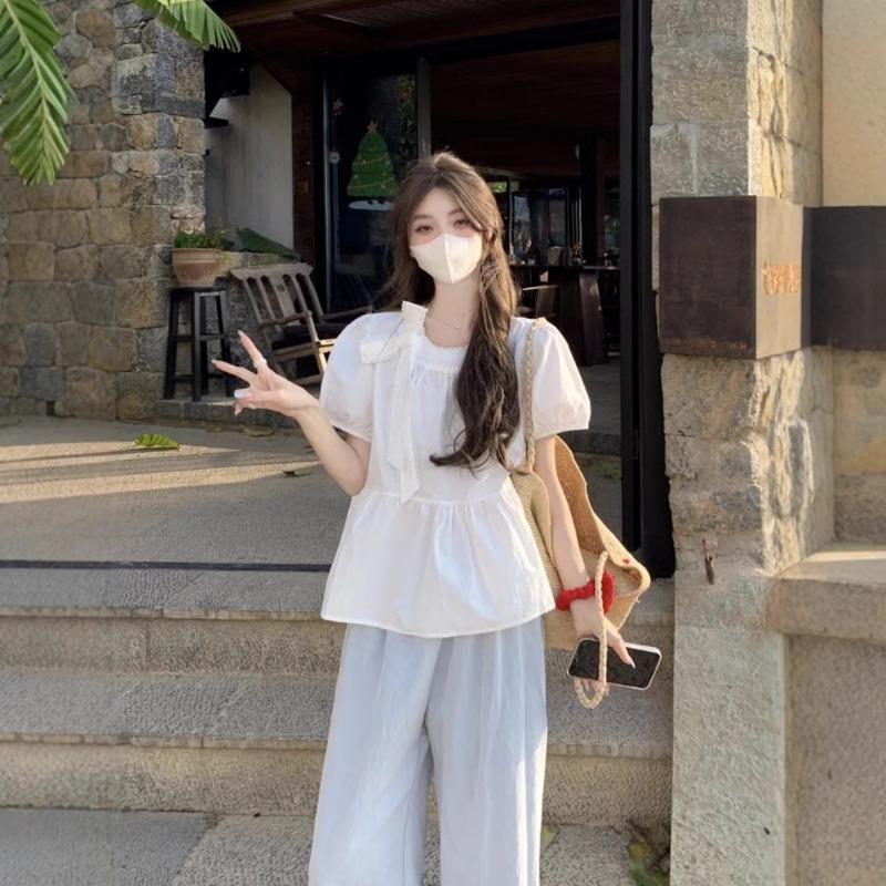 New White Bow Lace Puff Sleeve Shirt for Women Summer Design Pleated Strappy Shirt Women's Top Summer
