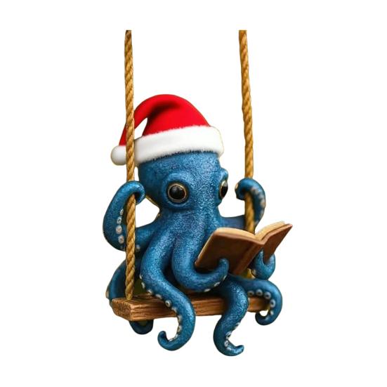 Blue Octopus Reading Christmas Ornament Festive Sea Creature Decorative Hanging Home Office Party Decor