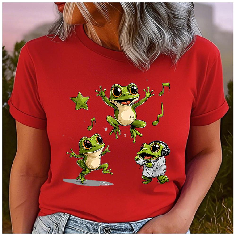 Unisex Polyester 100% Happy Jumping Big Eyes Frog Print T-Shirt Loose Round Neck Casual Short Sleeve Fashion Top for Summer