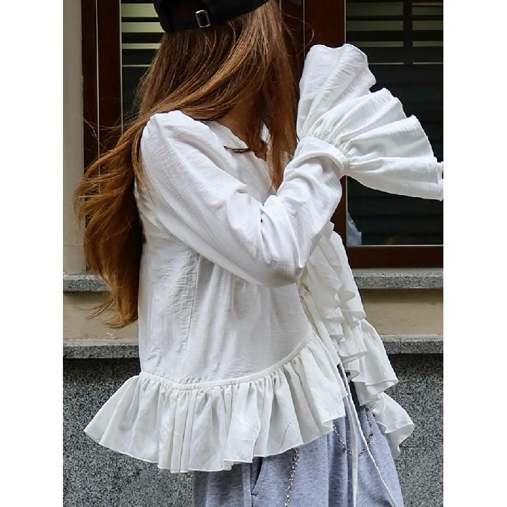 Solid Lace Up Design Shirts For Women V Neck Long Sleeve Patchwork Irregular Ruffled Short Blouse Female Fashion